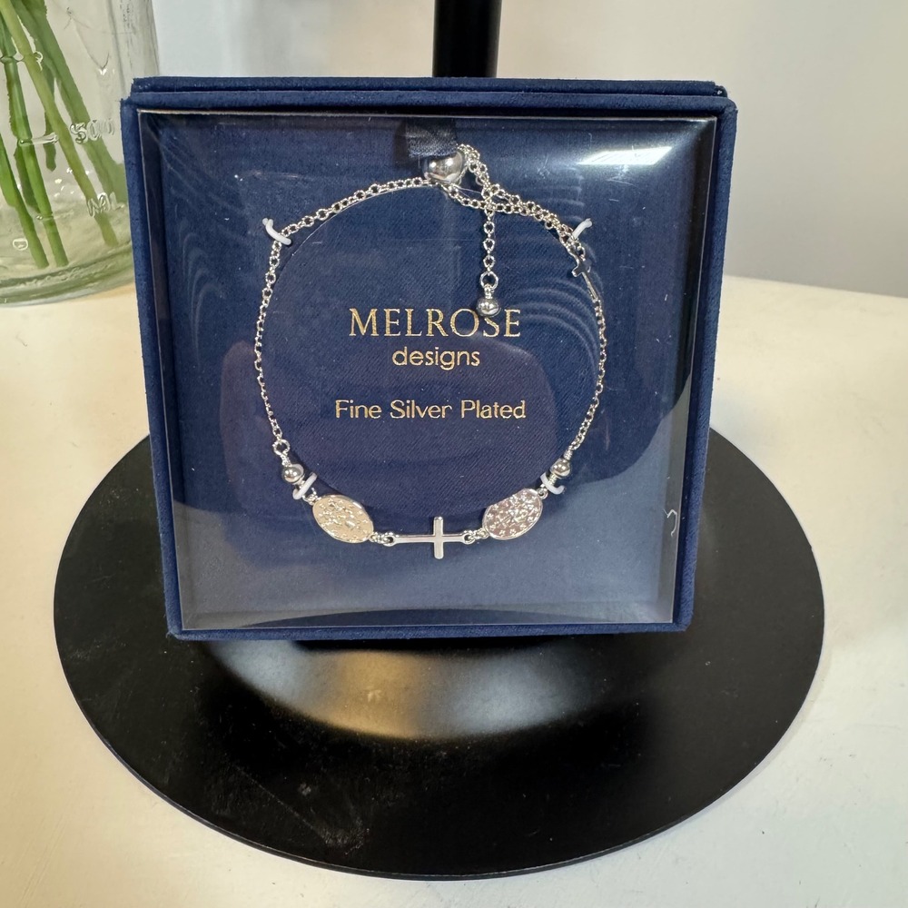 Melrose Designs Fine Silver Plated Cross Charm Bracelet Adjustable